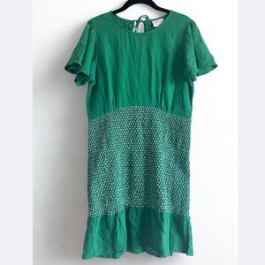 Rue Stiic Green Smocked Mini Dress Open Back Tassel Tie Size L NWOT